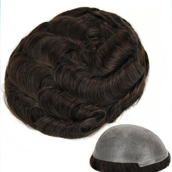 Ash Brown Remy Human Hair Wavy Realistic Scalp Toupee Hair Unit - Picture 1 of 15